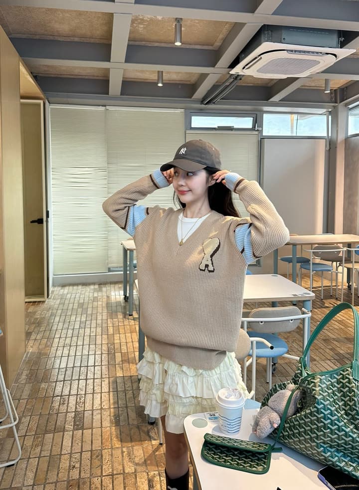 AMI Paris Classic Heart Logo V-Neck Knit Sweater in Khaki Brown With Striped Sleeves