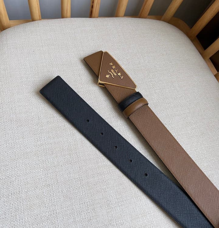 Prada Triangle Logo Buckle Belt in Classic Camel Leather