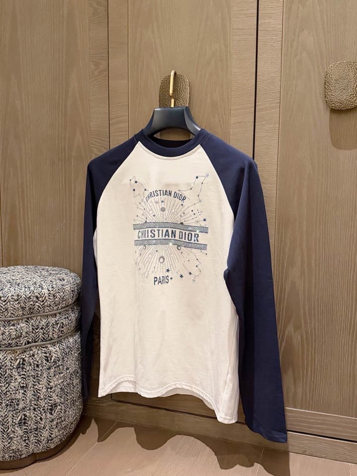 Dior Constellation Print Rhinestone Raglan T-Shirt in White With Navy Blue Sleeves