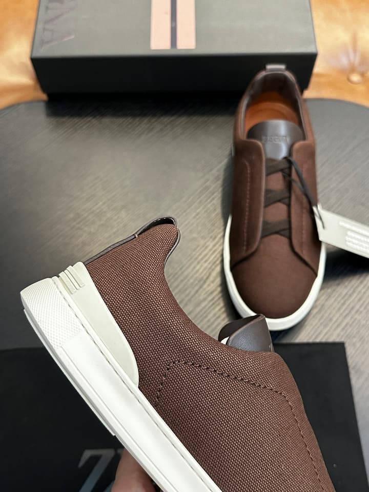 Zegna Triple Stitch Low-Top Sneakers in Dark Brown