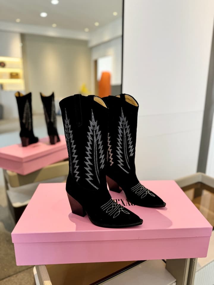 Paris Texas Embroidered Knee-High Boots in Black Suede