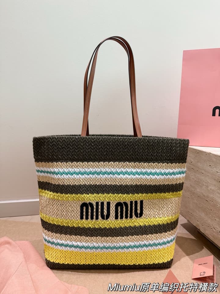 Miu Miu Striped Canvas Tote Bag Collection in Orange And Green Striped Horizontal Tote