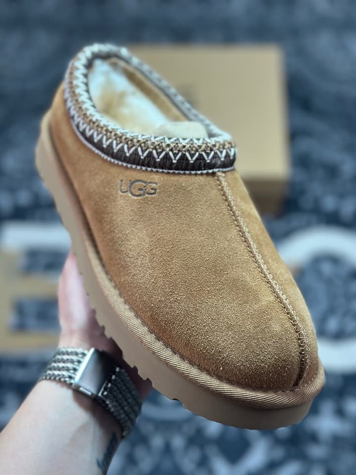 UGG Tazz Thin Sole Sheepskin Snow Boots in Black With White Patterned Trim