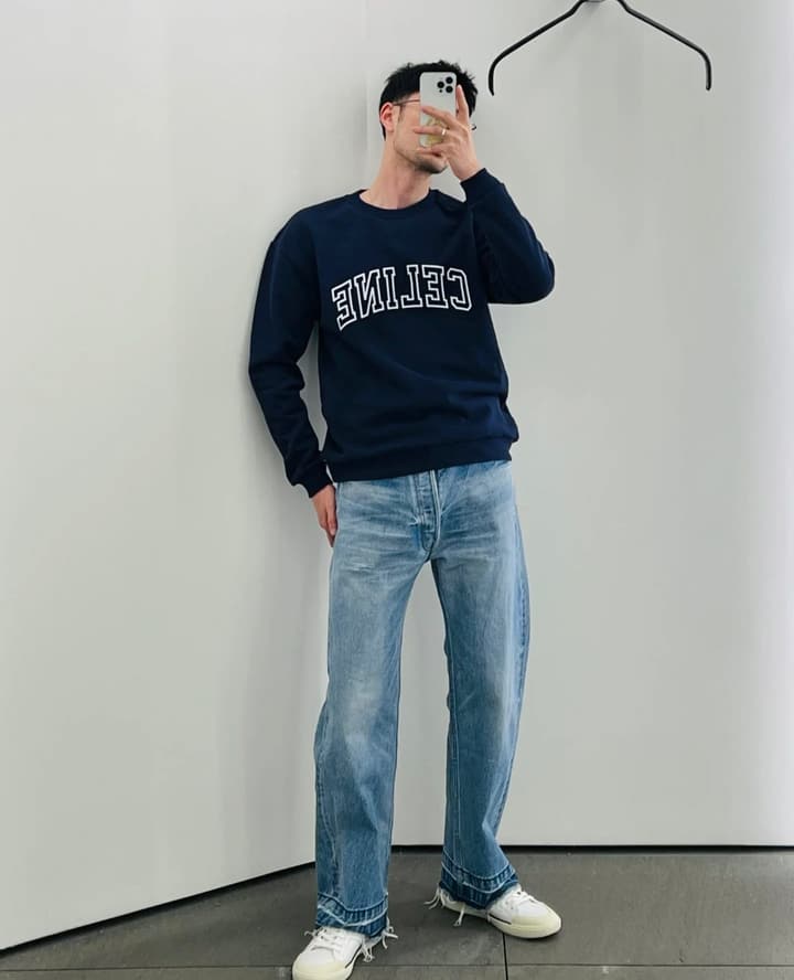 Celine Flocked Letter Pullover Sweatshirt – 2025FW in Navy Blue Folded