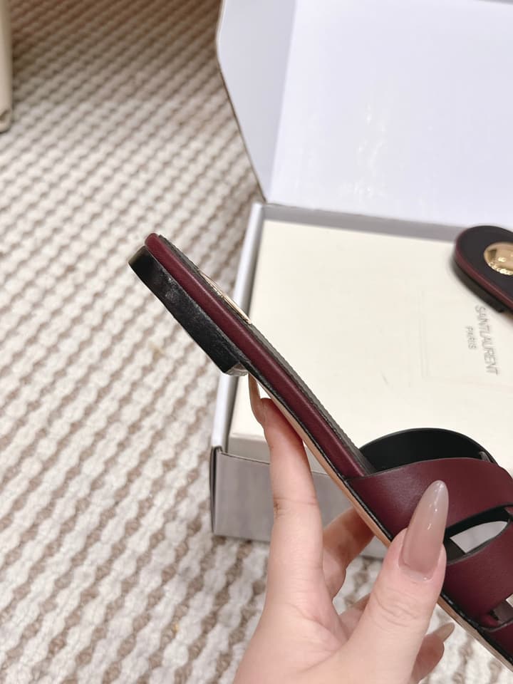 Saint Laurent Melody Square Toe Flat Sandals – 2026SS in Burgundy Patent