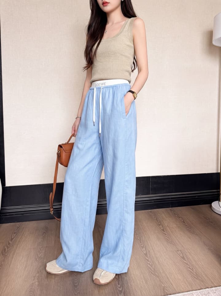 Loewe Embroidered Linen Casual Pants in Sky Blue