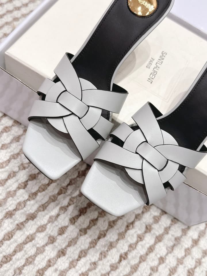 Saint Laurent Melody Square-Toe Heeled Sandals – 2026 Spring/Summer Collection in Beige Patent