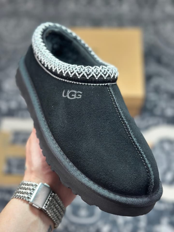 UGG Tazz Thin Sole Sheepskin Snow Boots in Black With White Patterned Trim