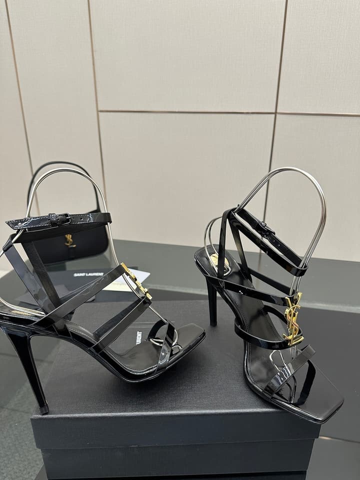 Saint Laurent Patent Leather Heeled Sandals in Bright Amber