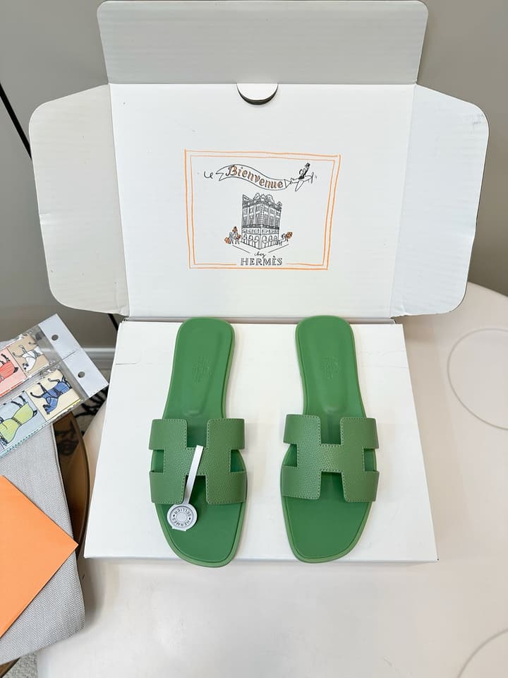 Hermès Palm Grain H-Slides in Bright Green