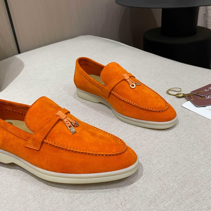Loro Piana Summer Charms Walk Moccasin Loafers in Bright Orange Leather
