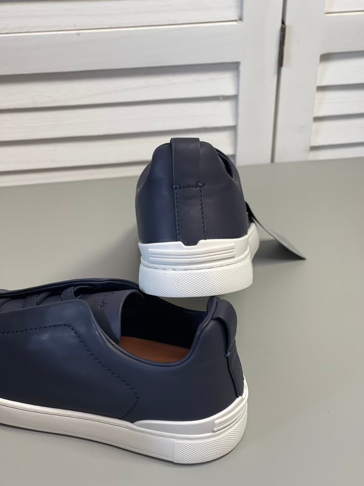Zegna SECONDSKIN Triple Stitch Low-Top Sneakers in Navy Smooth Leather