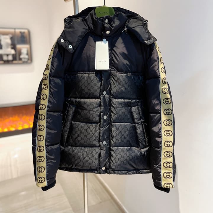 Gucci Double G Jacquard Reflective Runway Down Jacket in Black With Gg Webbing
