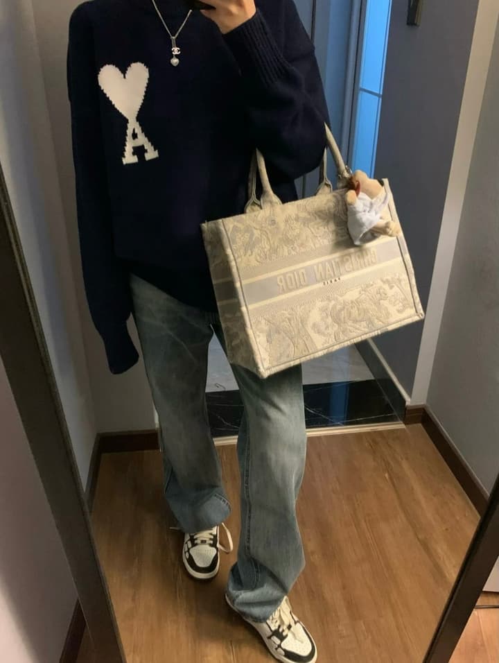 AMI Paris Heart Letter Knit Sweater in Deep Navy Blue