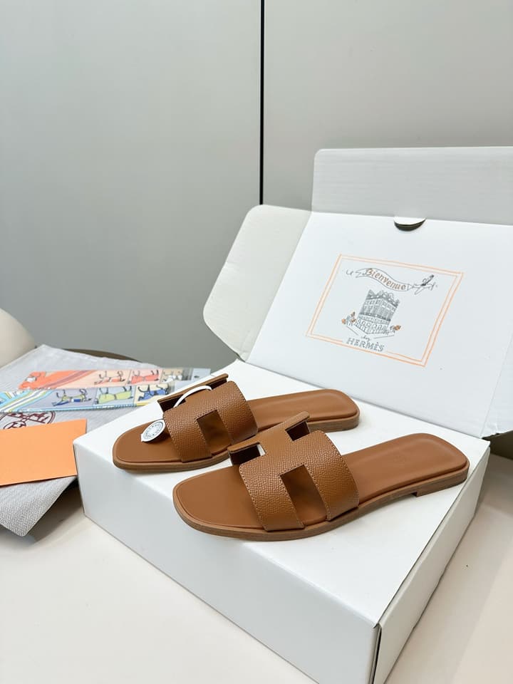 Hermès Fashion Palm-Grain H Slides in Brown