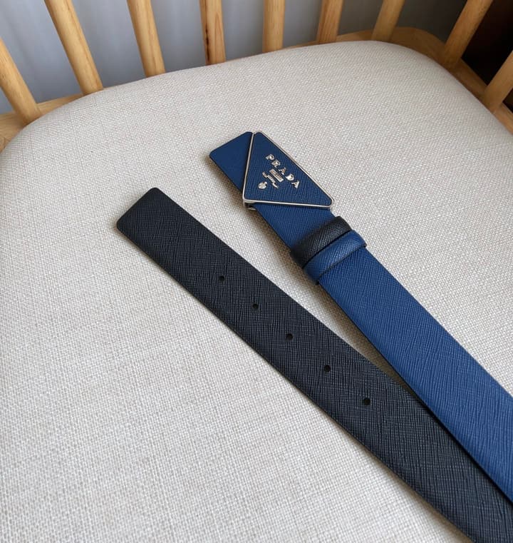 Prada Triangle Logo Buckle Belt in Black Textured Leather With Black Buckle