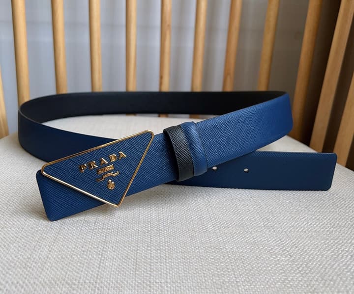 Prada Triangle Logo Buckle Belt in Black Textured Leather With Black Buckle