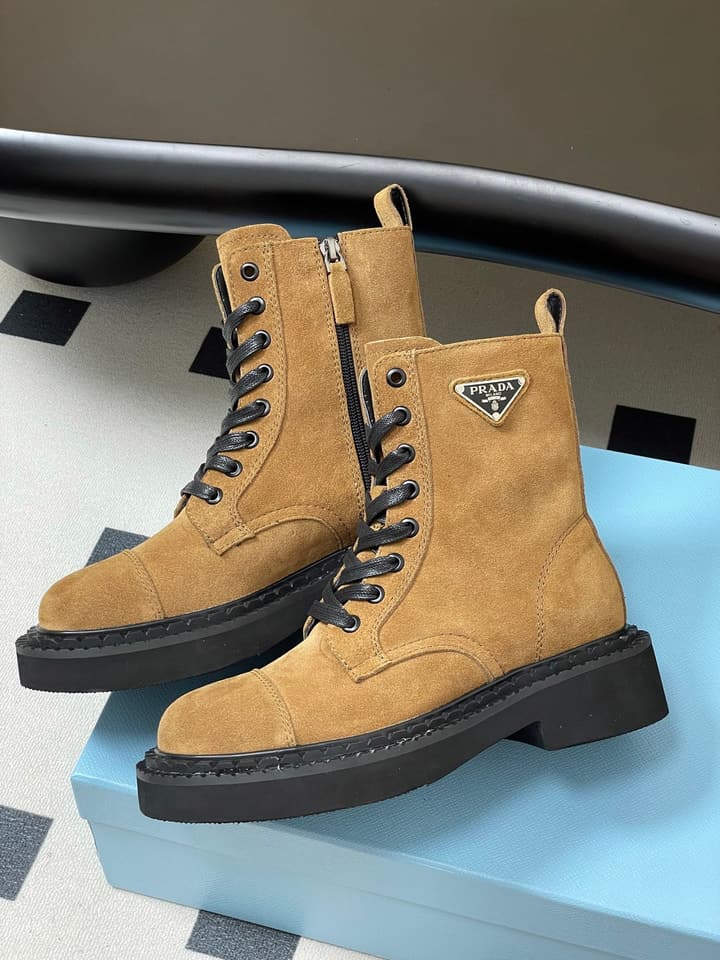 Prada Triangle Logo Combat Boots – 25SS in Black Suede