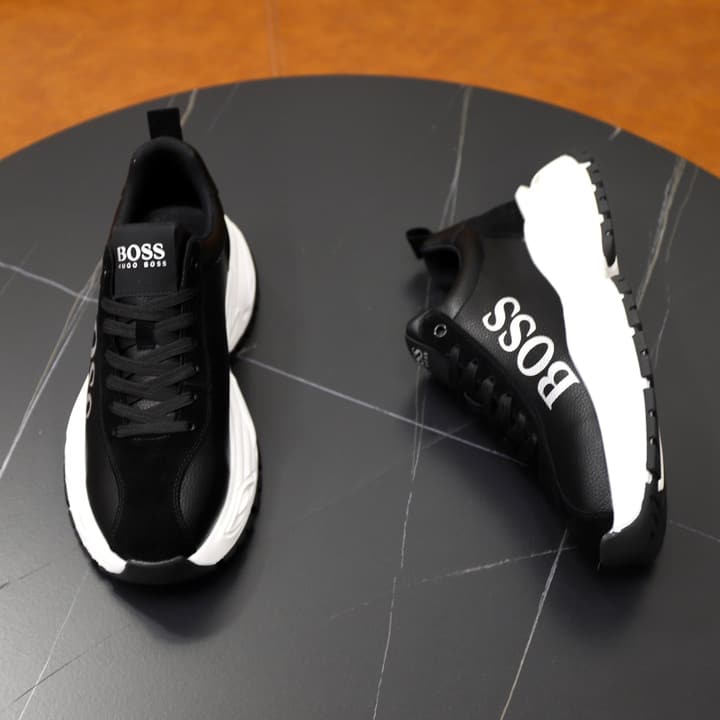 Boss Men's Luxury Running Sneakers in Black Mesh With White Sole