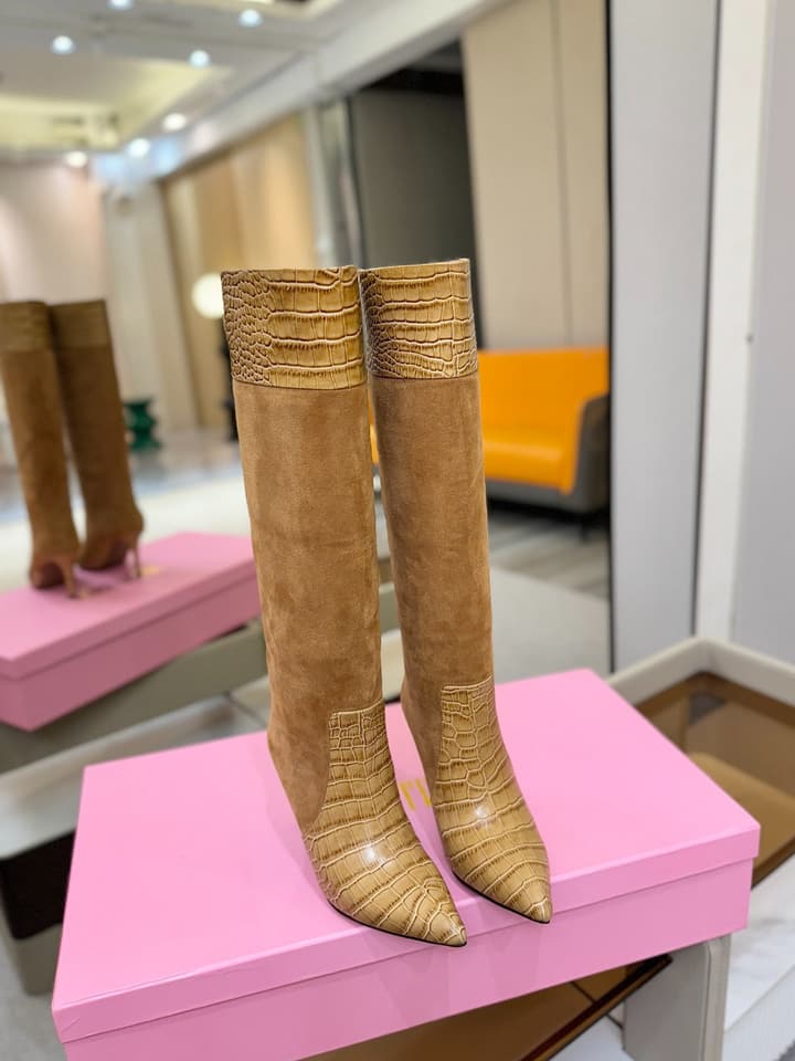 Paris Texas Crocodile Embossed Stiletto Knee-High Boots in Black Suede And Leather