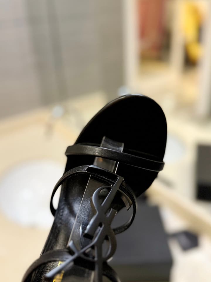 Saint Laurent YSL Logo Lacquer Heeled Sandals in Black Matte With Black Logo