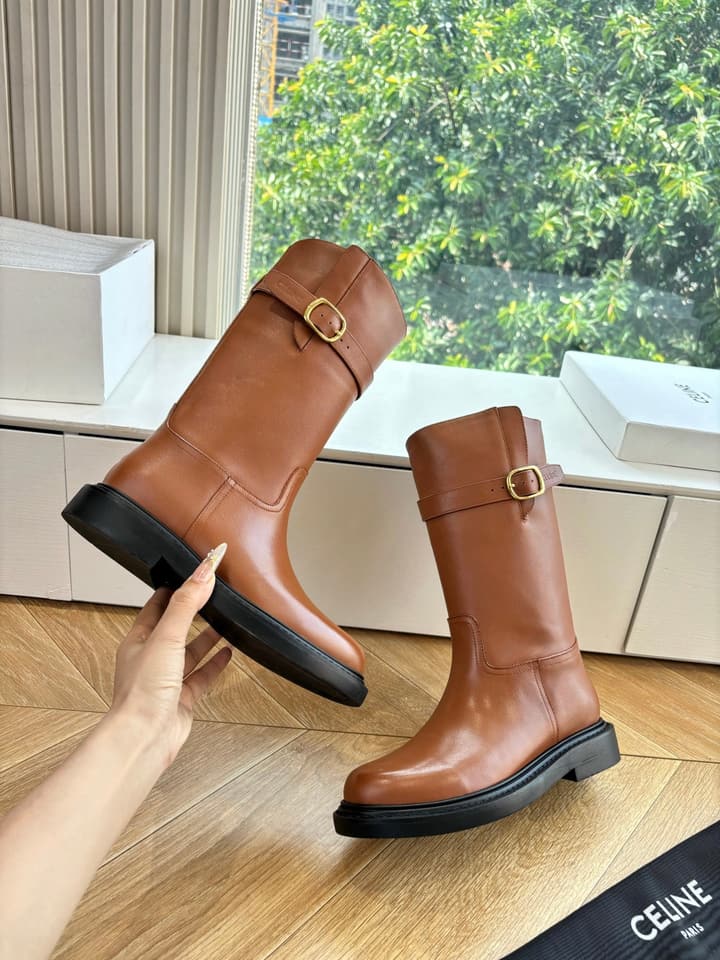 Celine Triomphe Knight Ankle Boots – 2025 Fall/Winter Collection in Black And Brown Leather Display