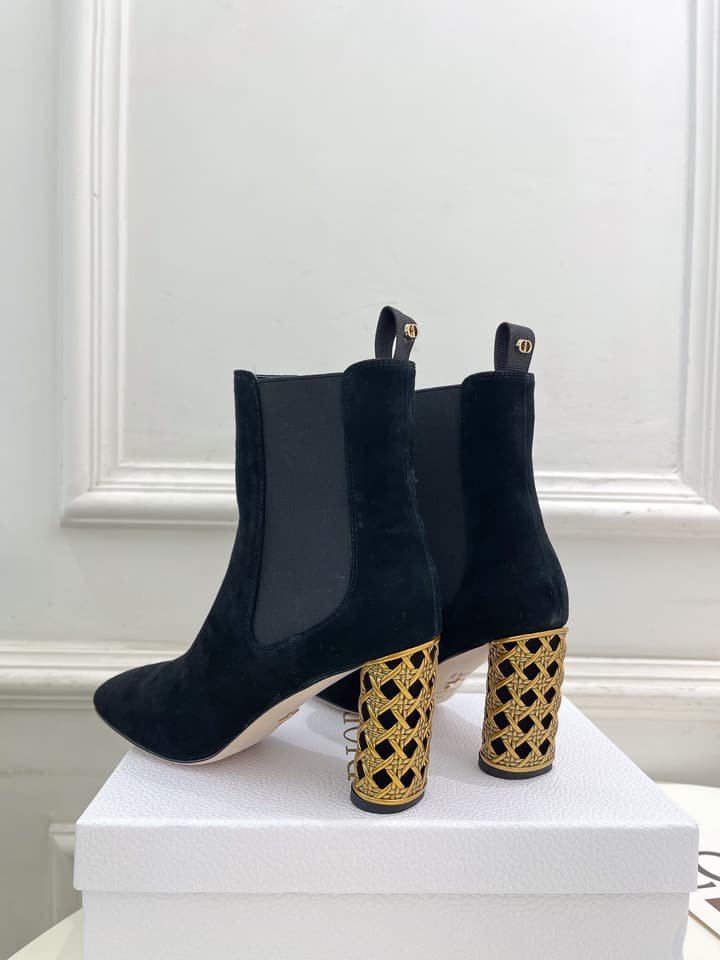 Dior Metallic Cannage Cylindrical Heel Chelsea Boots – 2024 in Black Suede With Gold Cannage Heel