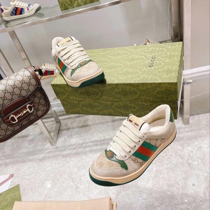 Gucci First Generation Distressed Leather Sneakers in Beige Distressed With Web Stripe