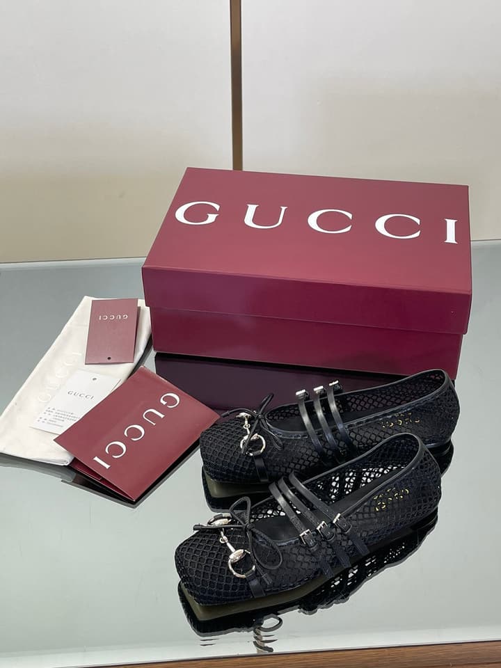 Gucci Horsebit Mesh Square-Toe Ballerina Flats – 25FW in Black Mesh