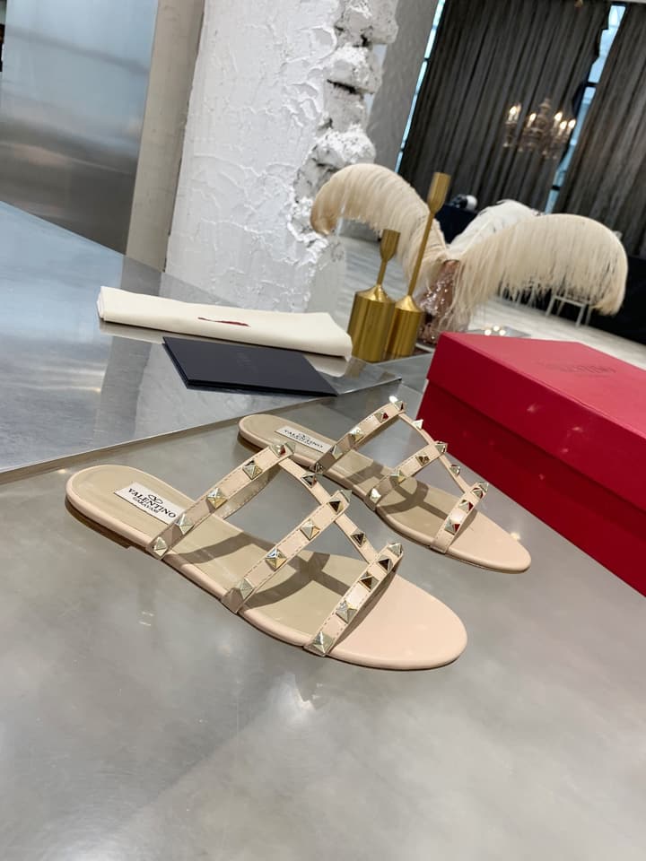 Valentino Studded Sheepskin Flat Sandals in Black
