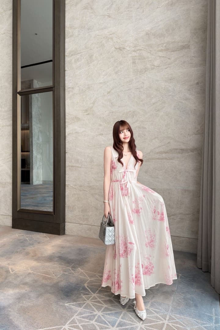 Dior Floral Print V-Neck Dress – 2026SS in Pink Floral
