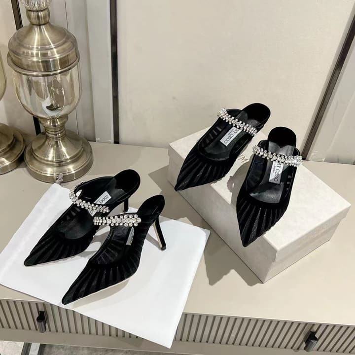 Jimmy Choo Pointed Toe Crystal Heeled Sandals – 2025 Collection in Black Suede
