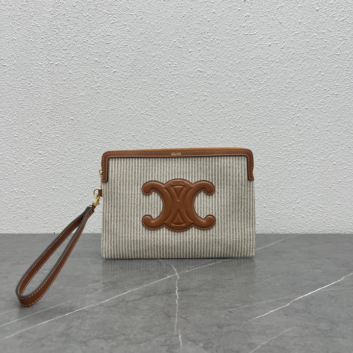 Celine Striped Woven Clutch Bag in Striped Canvas With Brown Logo