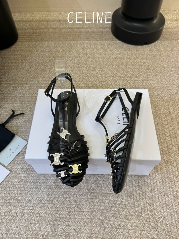 Celine Triomphe Ankle Strap Sandals – Spring/Summer Collection in Black - Large Logo Flats
