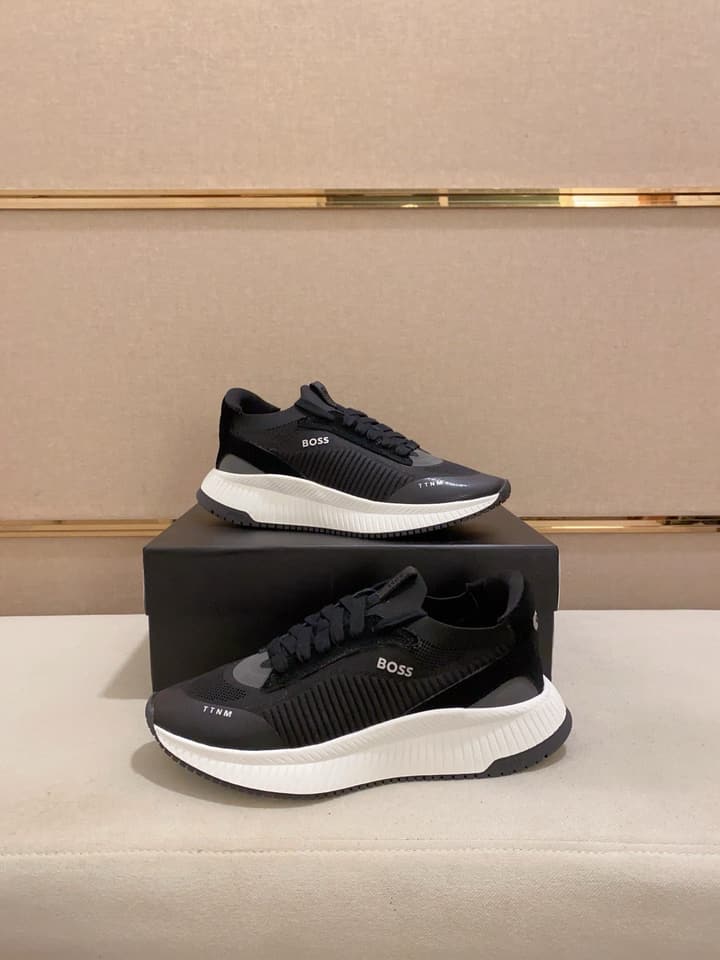 Boss Latest Casual Fly-Knit Sneakers in Black With Gold Accents