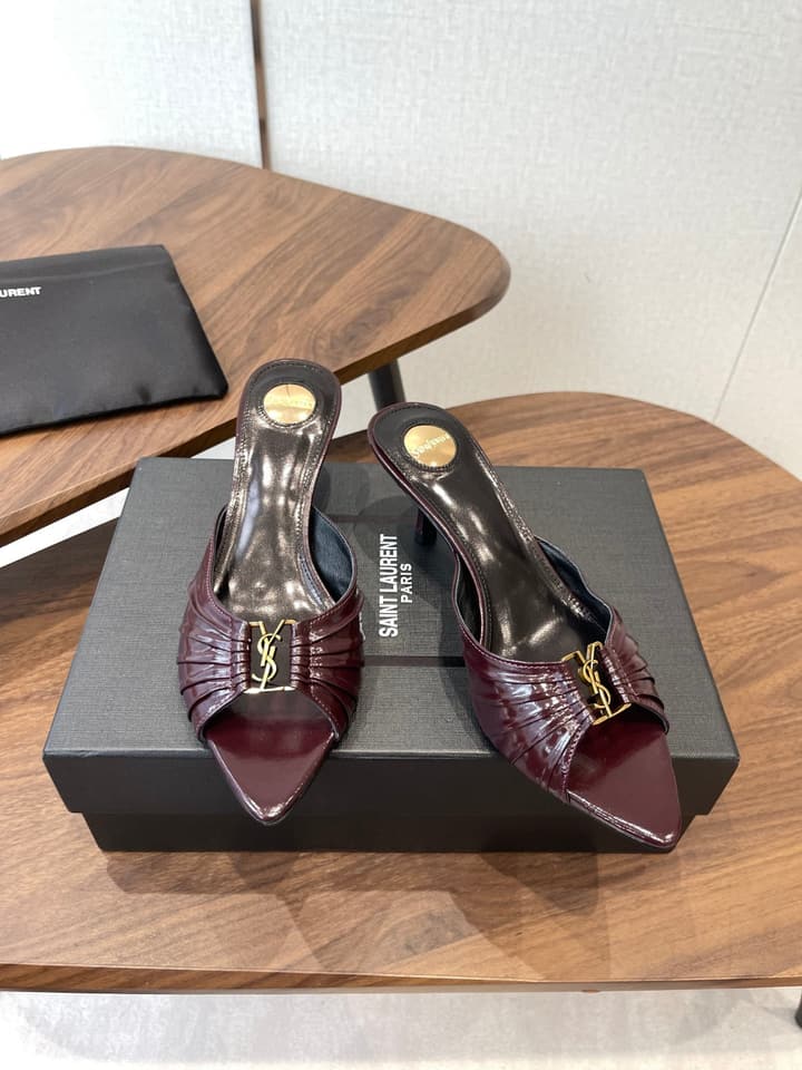 Saint Laurent Pointed Toe Stiletto Heeled Sandals – 26SS in Black - Gold Logo Plaque