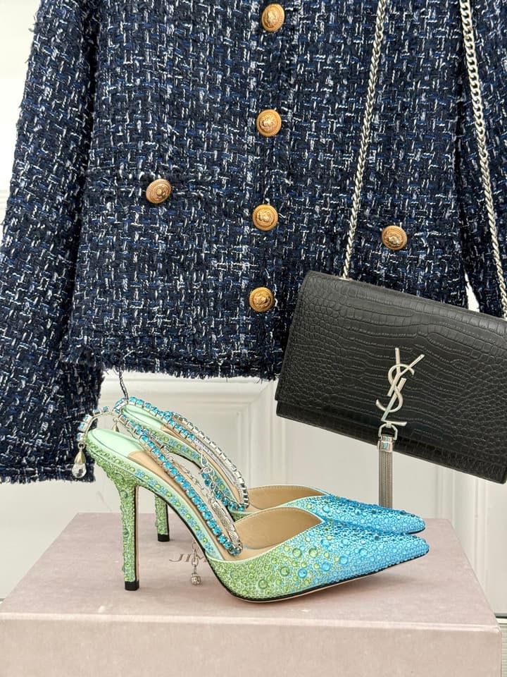 Jimmy Choo Classic Crystal Pointed High-Heeled Sandals in Lavender Yellow Ombre