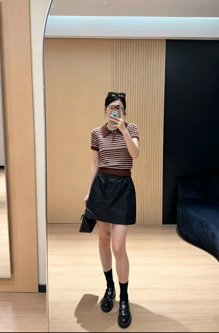 Miu Miu Embroidered Striped Knit Polo Shirt in Brown