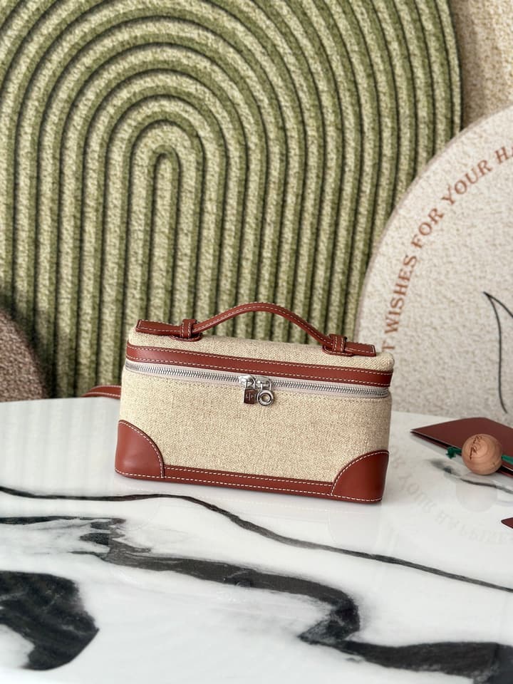Loro Piana L19 Canvas Crossbody Bag – Spring/Summer Resort Collection in Beige Canvas With Burgundy Trim