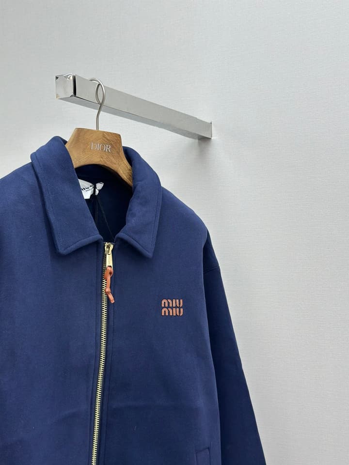 Miu Miu Embroidered Leather Patch Zipper Jacket in Dark Navy Blue