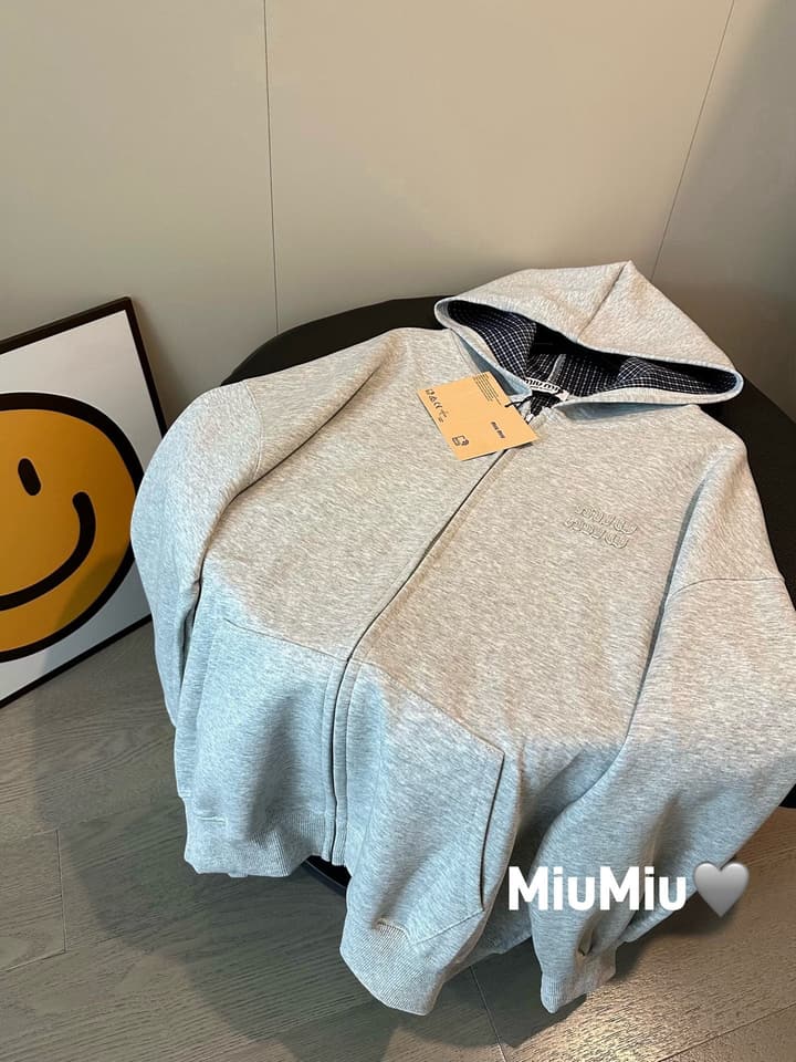 Miu Miu Heavy Patch Logo Plaid Hooded Zip Jacket