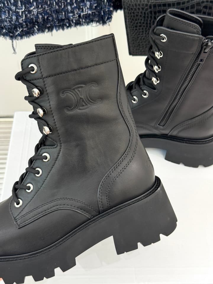 Celine Classic Triomphe Platform Martin Boots in Black Leather