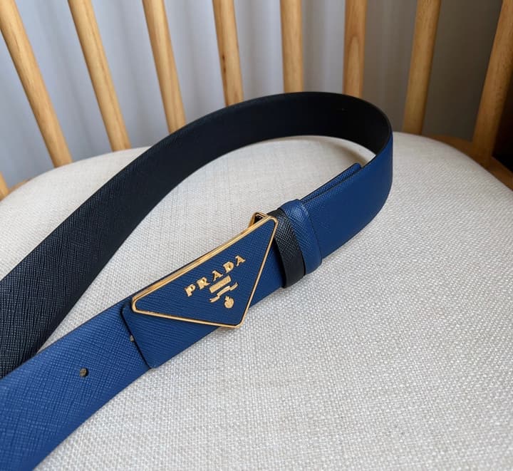 Prada Triangle Logo Buckle Belt in Black Textured Leather With Black Buckle
