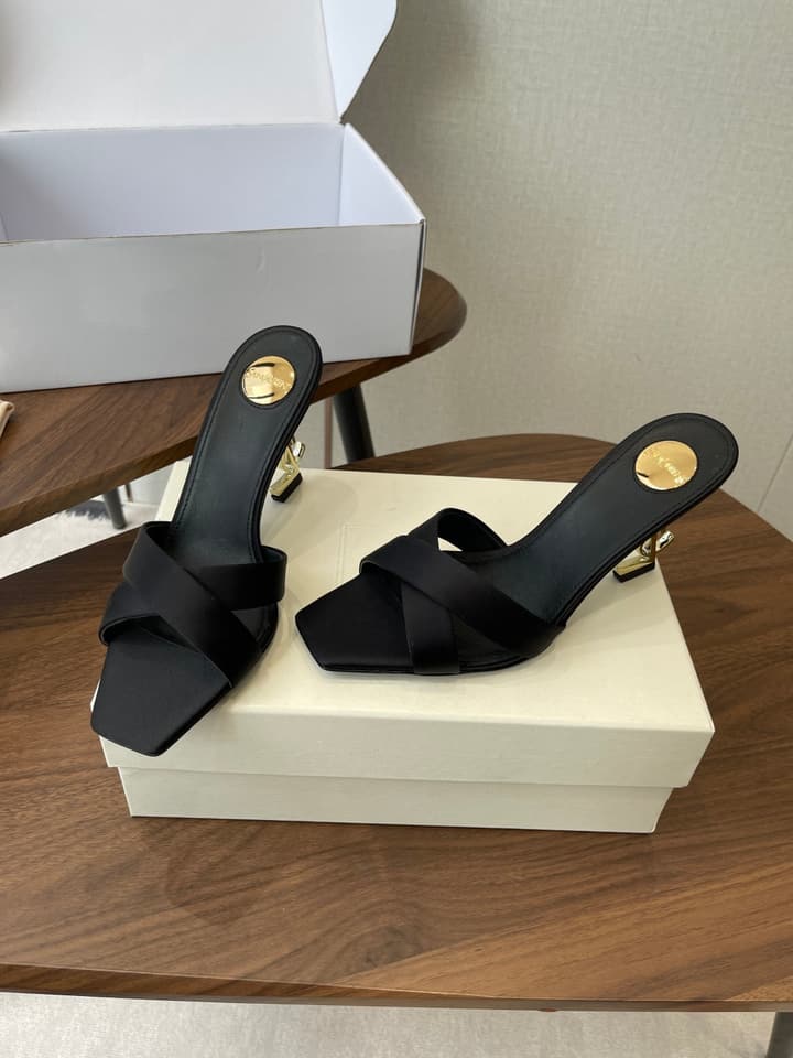 Saint Laurent Opyum Satin Heeled Mules – Early Spring Collection – 26S in Champagne Gold