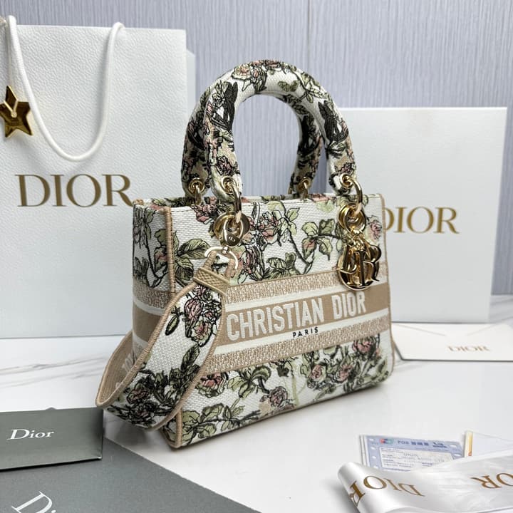 Dior Lady Dior 5-Grid Hand-Embroidered Handbag in Black Embroidered Toile