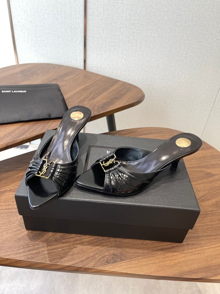 Saint Laurent Pointed Toe Stiletto Heeled Sandals – 26SS in Black - Gold Logo Plaque