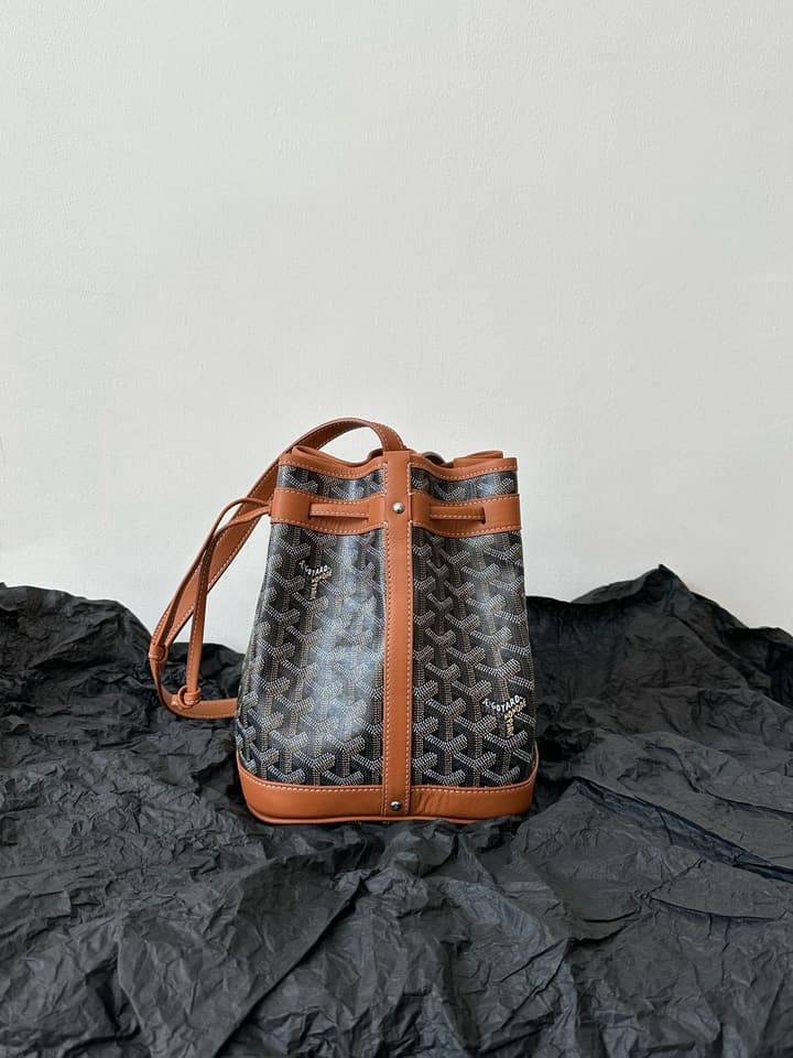 Goyard Petit Flot Bucket Bag in Black/grey Goyardine With Tan Trim