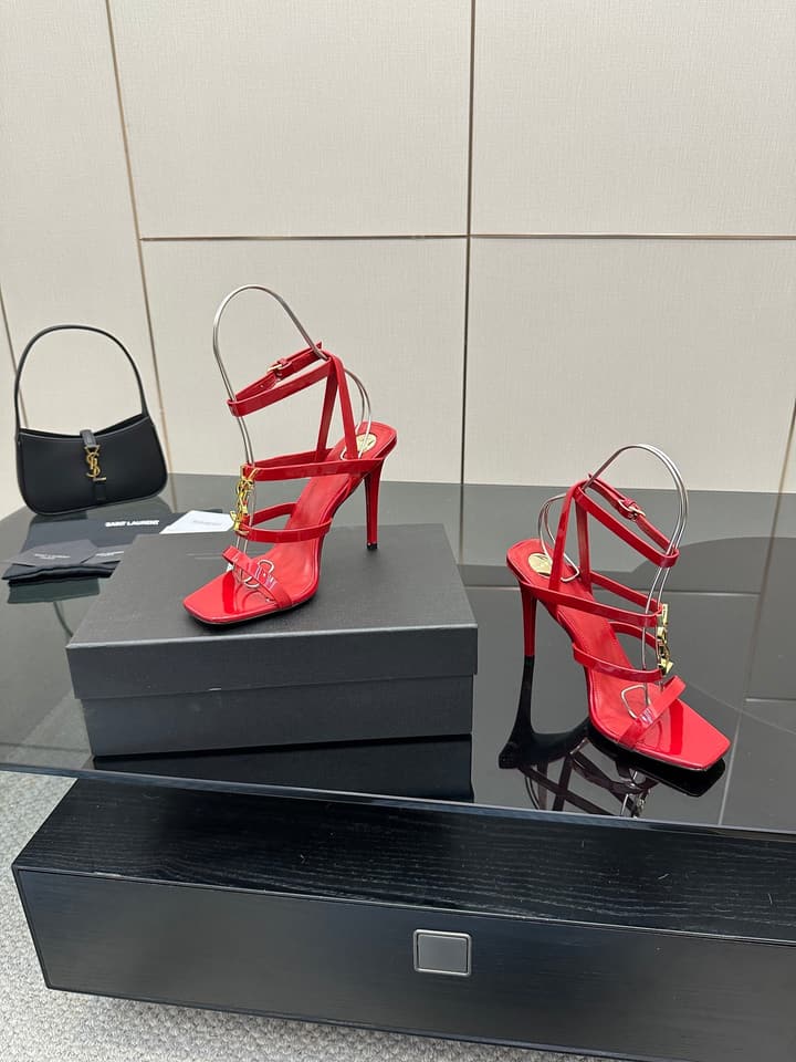 Saint Laurent Patent Leather Heeled Sandals in Bright Amber