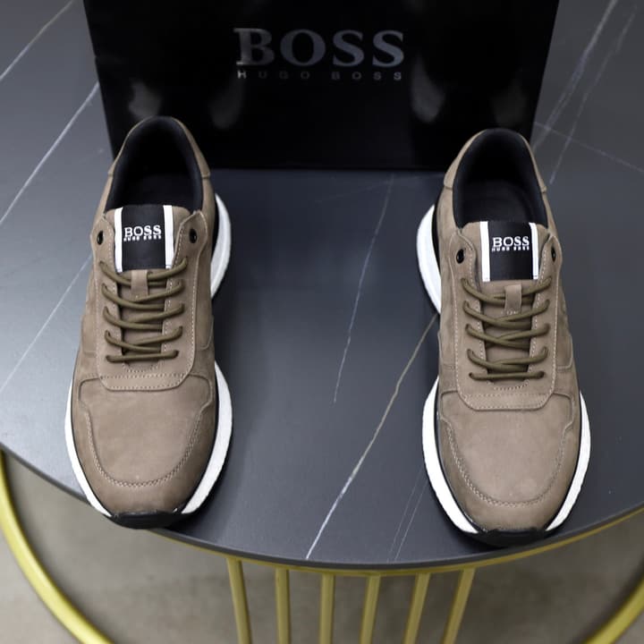 Boss Men's Luxury Running Sneakers in Black Mesh With White Sole