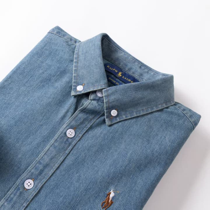 Ralph Lauren Washed Denim Shirt with Embroidered Logo in Dark Wash Denim Flat Lay